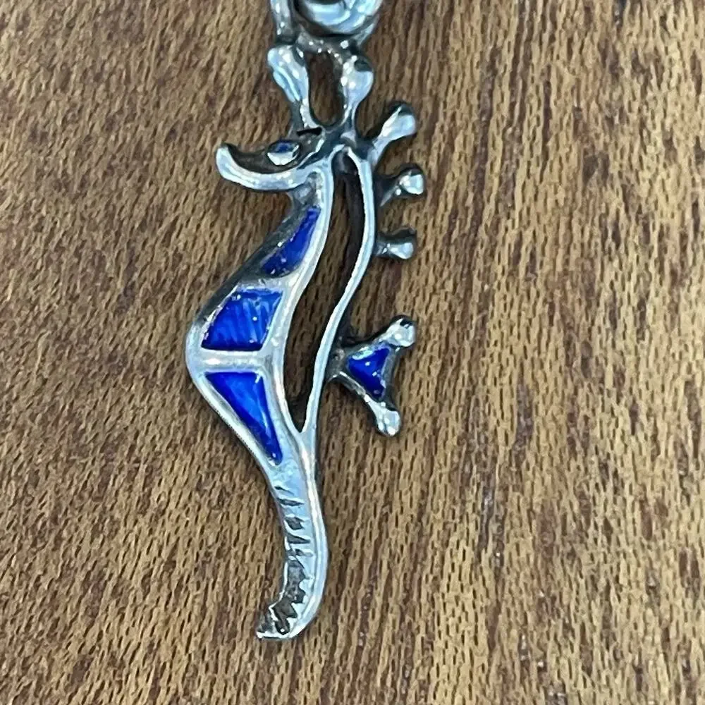 Vintage Sterling 800 Silver Blue Enamel Seahorse Charm Pendant 2g Signed 86 AR